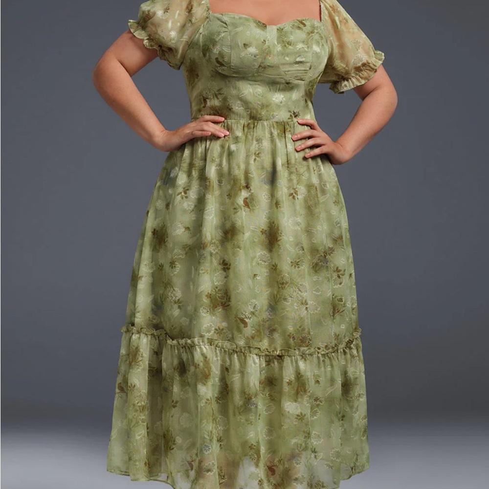 Curveins Plus-Size Draped Collar Puff Sleeve Floral Print Maxi Dress